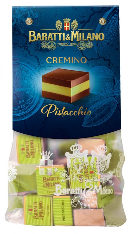 Cremino Pistacchio Sacchetto, pralines en capas de chocolate y avellanas con pistacho, Baratti e Milano - 200 gramos - bolsa