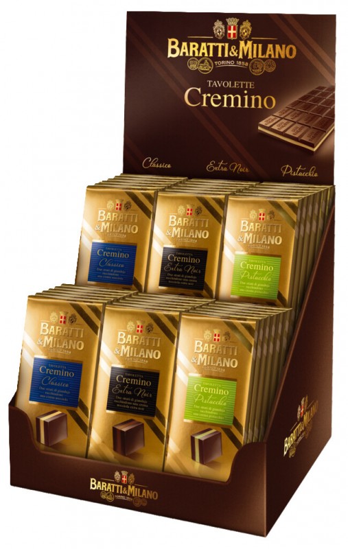 Espositore Tavolette Cremino assortite, tavolette miste di cioccolato pralinato a strati, Baratti e Milano - 36 x 100 g - Schermo