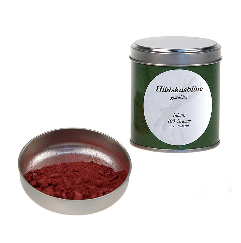 Hibiskusblüten, gemahlen, zum Färben und als Gewürz, Altes Gewürzamt, Ingo Holland - 100 g - Dose Hibiskusblüten, gemahlen, zum Färben und als Gewürz, Altes Gewürzamt, Ingo Holland - 100 g - Dose