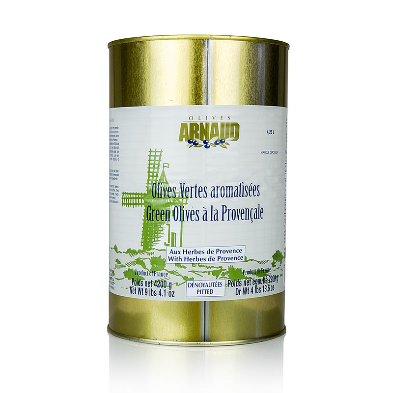 Zold olajbogyo, kimagozott, Provence-i gyogynovenyekkel, az Arnaud-toban - 4,2 kg - tud