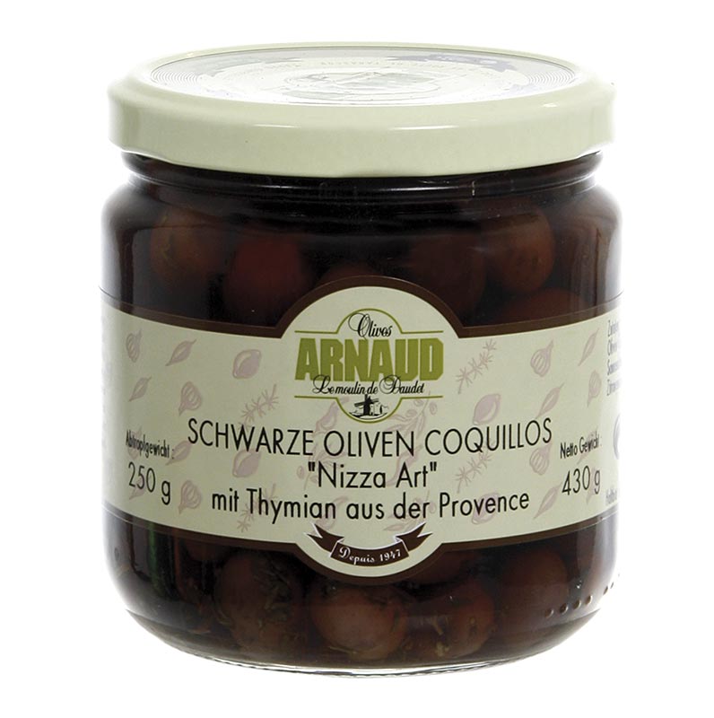 Siyah zeytin, cekirdeksiz, Coquillos zeytini, kekikli, Arnaud Golu`nde - 430g - Bardak