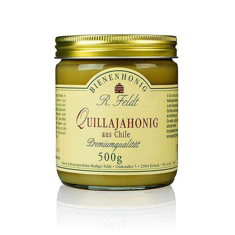 Quillaja med, Cile, temno rumen, kremasto aromaticen, oresckov Cebelarstvo Feldt - 500 g - Steklo