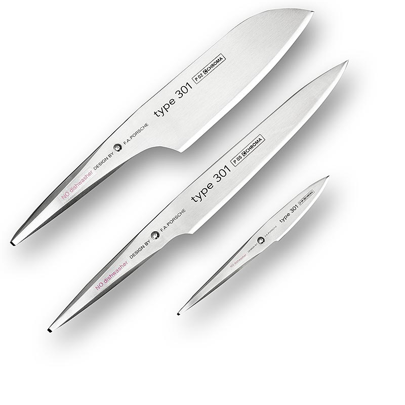 Set di coltelli Chroma tipo 301 P-529: coltelli da intaglio P-5 + coltelli da verdura P-2 + coltelli da cucina P-9 - Design di FA Porsche - 3 pezzi - scatola di legno