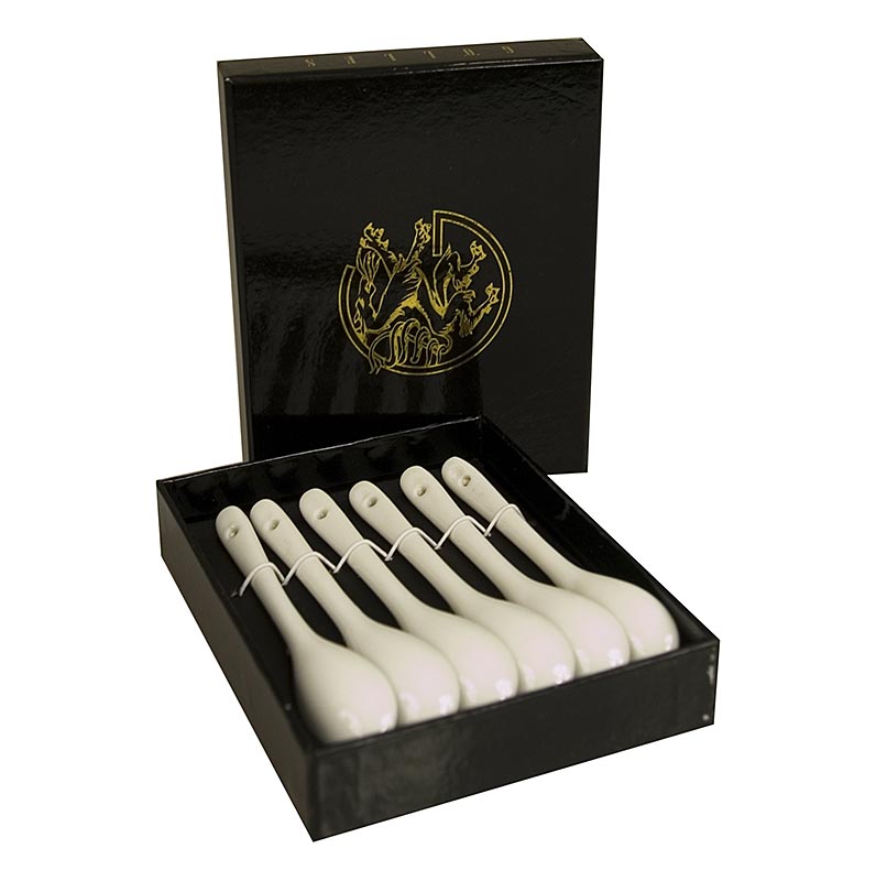 Lingurita de degustare din portelan, alb, in cutie de depozitare, Golles - 6 bucati - cutie