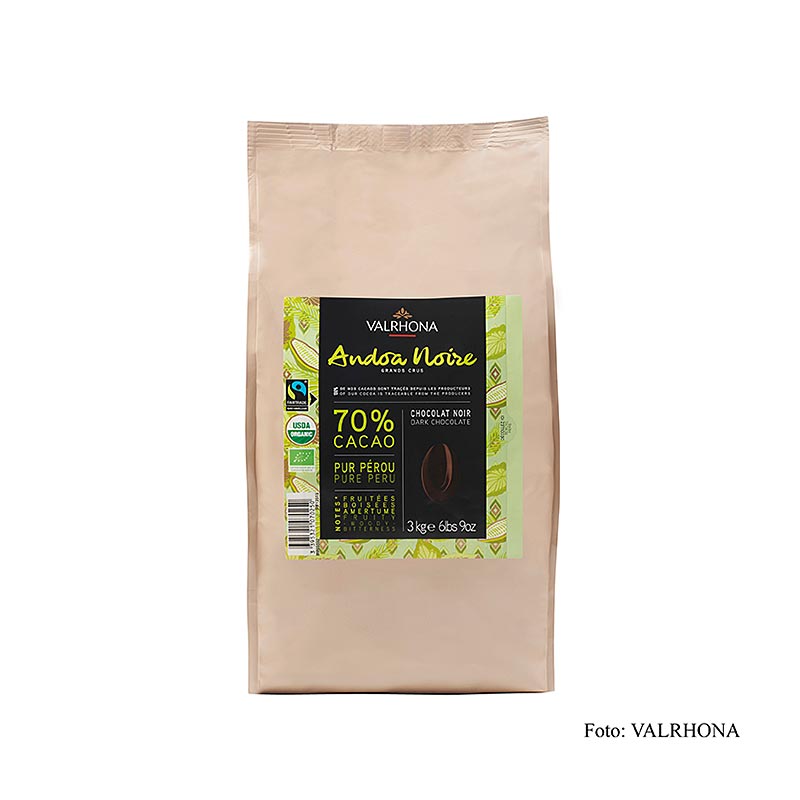Valrhona Andoa Noire, bitter cikolatali kuvertur, callets olarak, %70 kakao, organik sertifikali - 3 kg - canta