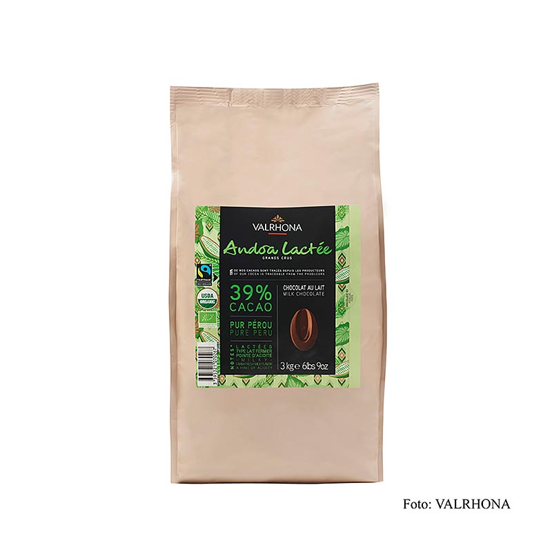 Valrhona Andoa Lactee, mleko pelne kuwertura, kalety, 39% kakao, organiczne - 3 kg - torba