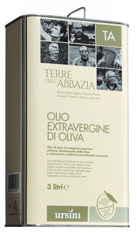 Olio extra virgin Terre dell`Abbazia, oliwa z oliwek z pierwszego tloczenia Terre dell`Abbazia, Ursini - 3000 ml - Moc