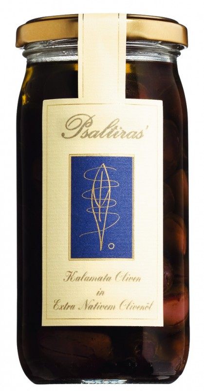 Olive Kalamata, v oljcnem olju, s koscico, Psaltiras - 320 g - Steklo