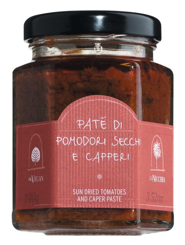 Pate di pomodori secchi e capperi, tejszin szaritott paradicsommal, kapribogyoval, fekete olajbogyoval, La Nicchia - 100 g - Uveg