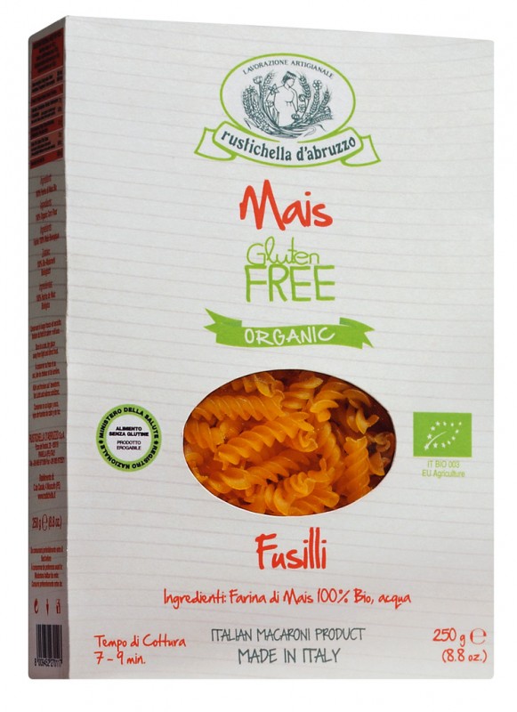 Fusilli di mais senza glutine, organiczne, makaron z maki kukurydzianej, bezglutenowe, organiczne, Rustichella - 250 gr - Pakiet