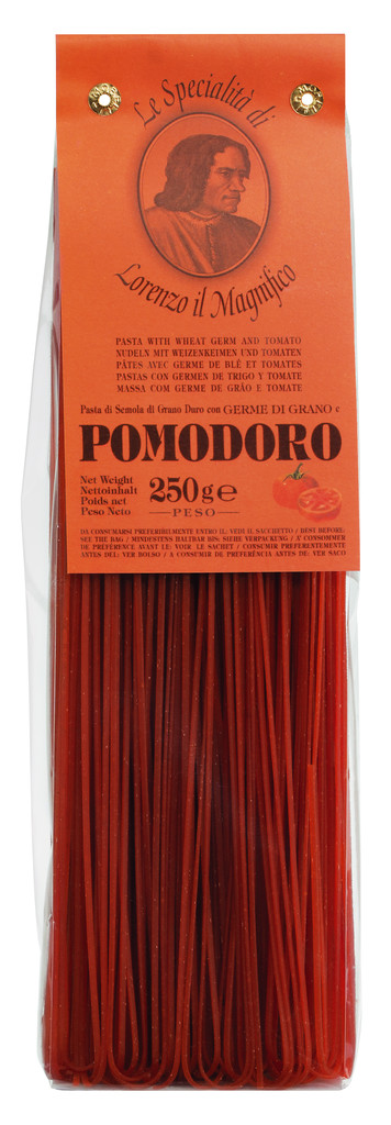 Tagliolini cu rosii, taitei cu panglica subtire cu rosii + germeni de grau, Lorenzo il Magnifico - 250 g - ambalaj Tagliolini cu rosii, taitei cu panglica subtire cu rosii + germeni de grau, Lorenzo il Magnifico - 250 g - ambalaj