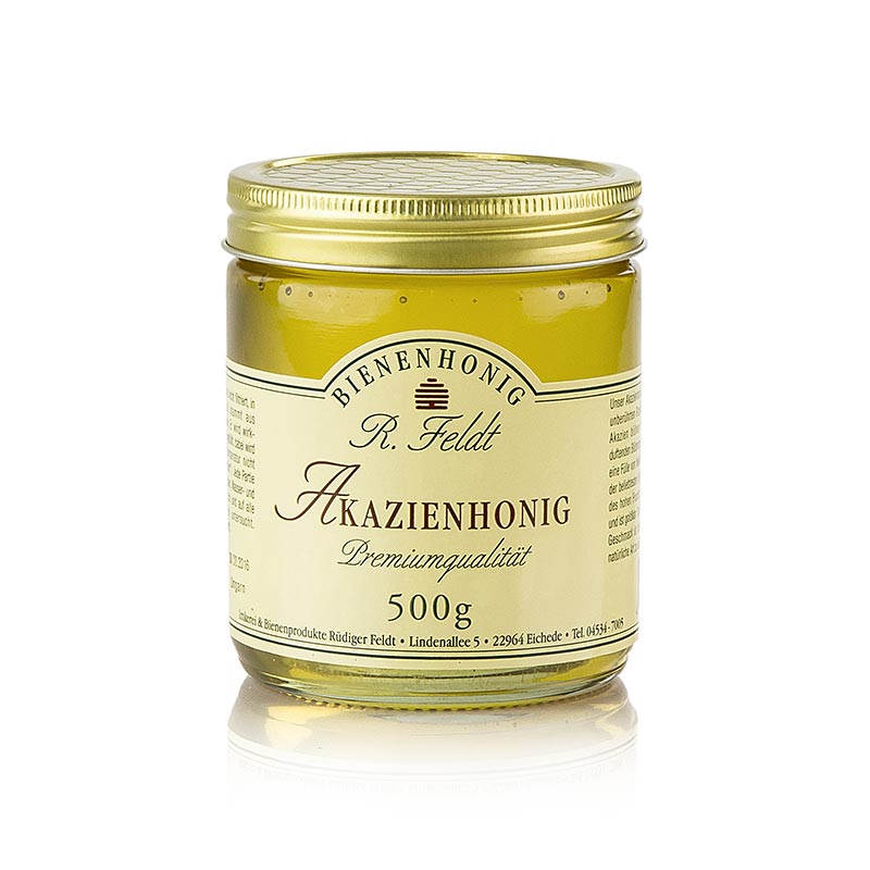 Acaciahoning, Hongarije, licht goudbruin, vloeibaar, delicaat zoet, goed voor het zoeten van de Feldt-bijenteelt - 500g - Glas