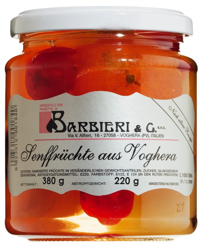 Cele kandovane ovoce horcice, pikantne sladke, Mostarda di Voghera, Barbieri - 380 g - Sklenka