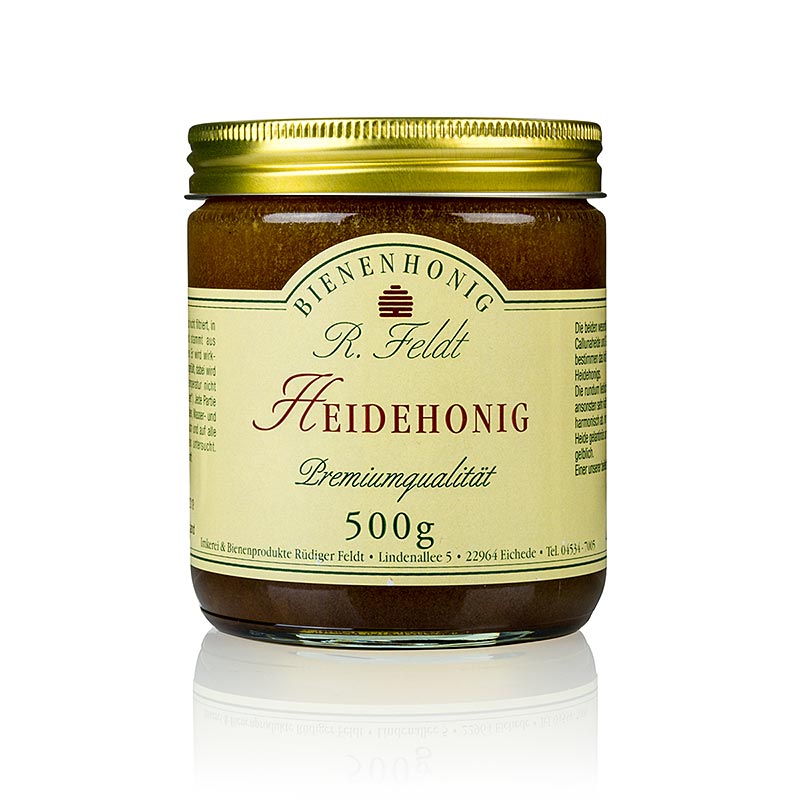 Heidehoning, donker, romig, aromatisch, typisch sterk van de bijenteeltafdeling van Feldt - 500g - Glas