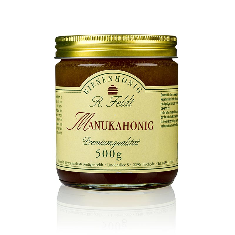 Manukahoning (tea tree), Nieuw-Zeeland, donker, vloeibaar, kruidensterk Bijenteelt Feldt - 500g - Glas