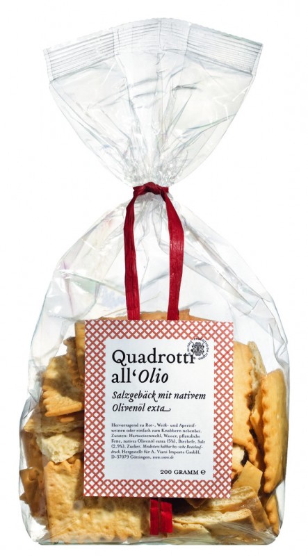 Quadrotti all`olio d`oliva extra virgine, pikantne ciasteczka z oliwa z oliwek z pierwszego tloczenia, Viani - 200 gr - torba