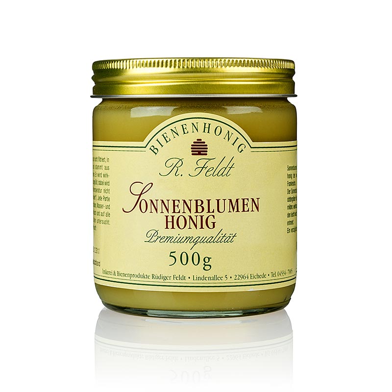 Zonnebloemhoning, zonnig geel, fijn romig, mild aromatisch Bijenteelt Feldt - 500g - Glas