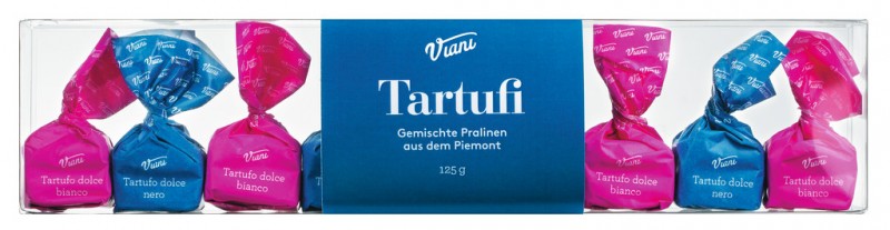 Tartufi dolci bianchi e neri, opakowanie 9 sztuk, trufle czekoladowe biale + czarne, pudelko upominkowe, Viani - 125g - Pakiet