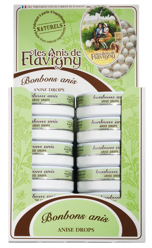 Bomboane anason, display, dulciuri cu anason, display, Les Anis de Flavigny - 12 x 50 g - afisa