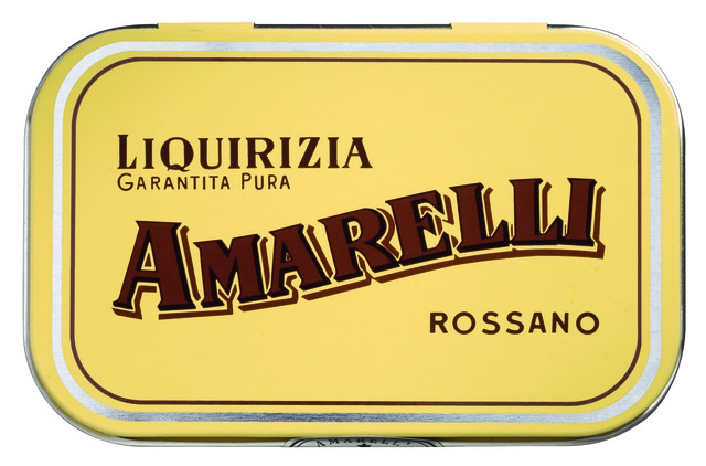 Liquirizia lattina gialla, tiszta nagy darabokban, edesgyoker pasztilla, sarga konzerv, Amarelli - 12x40g - kijelzo