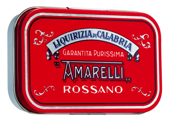 Liquirizia lattina rossa, czysta w malych kawalkach, pastylki lukrecjowe, czerwona puszka, Amarelli - 12x40g - wyswietlacz