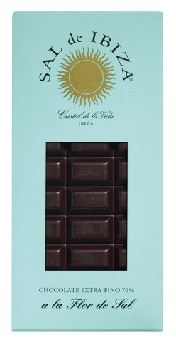 Chocolate extra fino 70% a la flor de sal, organico, chocolate amargo 70% com flor de sal, organico, Sal de Ibiza - 80g - quadro-negro