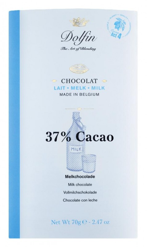 Tableta, cokolada au lait 38 % kakaa, cokoladova tycinka, plnotucne mleko 38 %, Dolfin - 70 g - Cerna tabule
