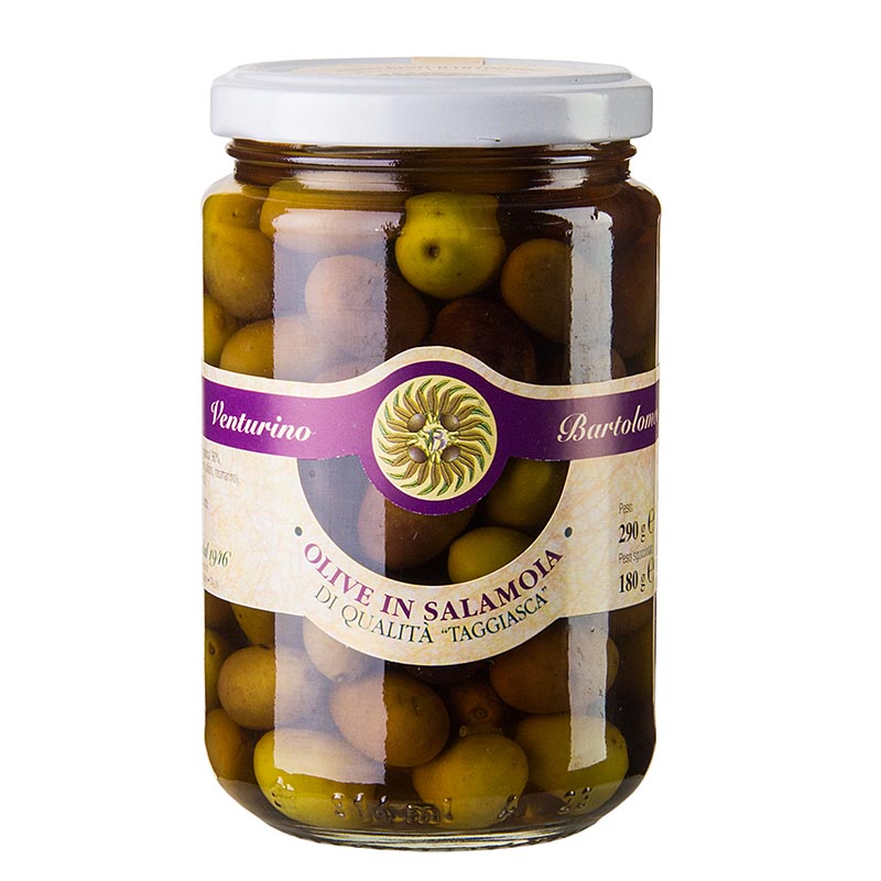 Oljcna mesanica, zelene crne olive Taggiasca, s koscico, v slanici, Venturino - 290 g - Steklo