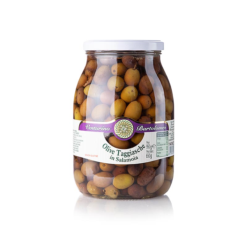 Olivova zmes, zelene a cierne olivy Taggiasca, s kostkou, v slanom naleve, Venturino - 950 g - sklo