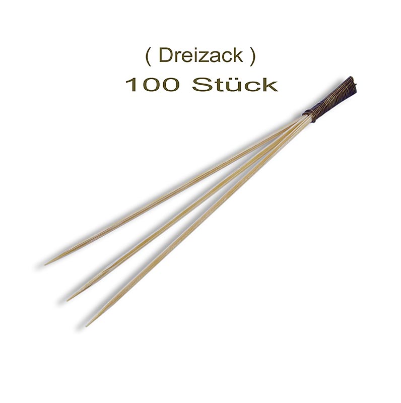 Bambusowe szaszlyki z 3 zabkami, wiazane w kolorze brazowym, 9 cm - 100 kawalkow - torba