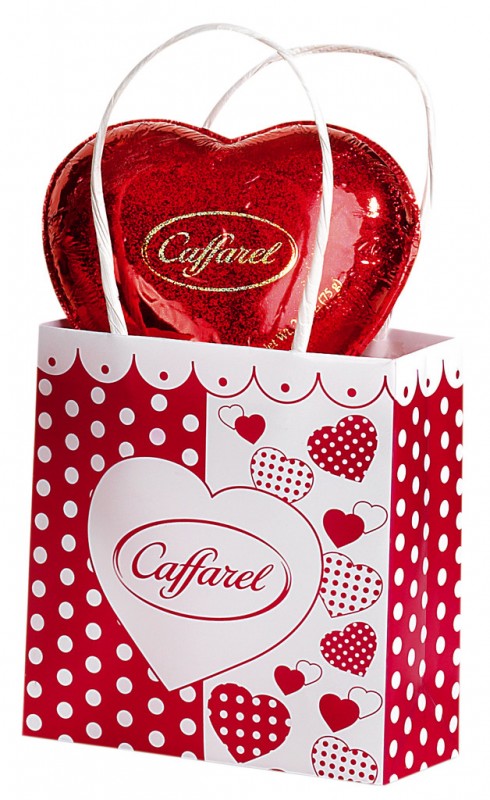 Cokoladove srdce, darkovy sacek, cokoladove srdce v darkovem sacku, Caffarel - 75 g - Kus