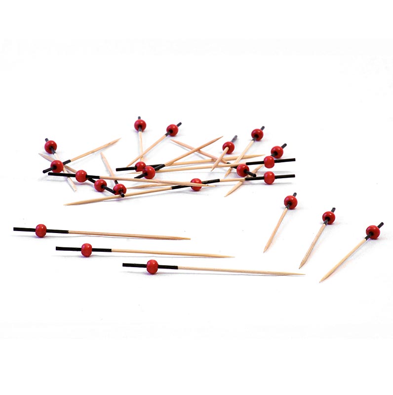 Brochettes en bois, avec un bout noir et une boule rouge, 9 cm - 100 heures - sac