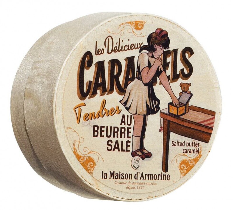 Caramels au beurre sale, boite ronde servez-vous, karamelni bonboni s slanim maslom, lesena skatla, La Maison d`Armorine - 50 g - Kos