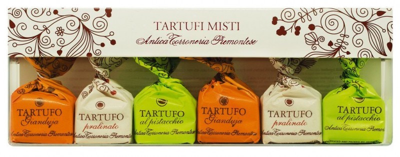 Tartufi misti, confezione, vegyes csokis szarvasgomba, 6 db-os ajandekcsomag, Antica Torroneria Piemontese - 85g - csomag