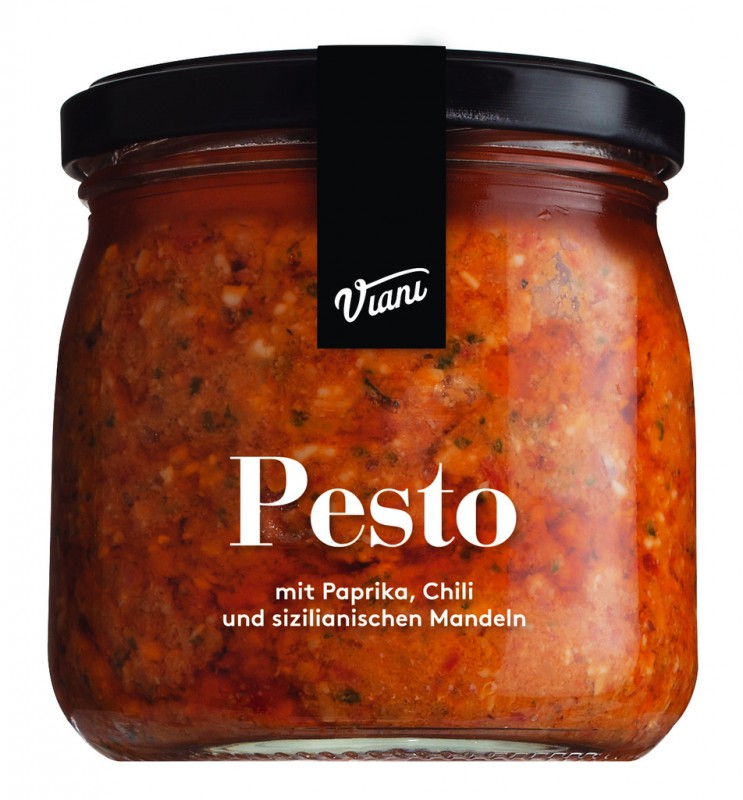 PESTO - Svjezi pesto s paprikom i cilijem, Svjezi pesto od paprike s cilijem i bademima, Viani - 180 g - Staklo