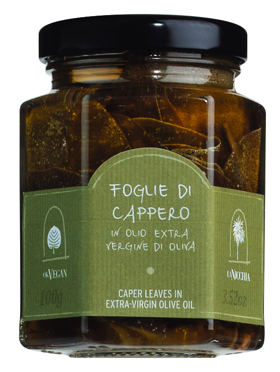 Foglie di cappero w olio extra vergine d`oliva, liscie kaparow marynowane w oliwie z oliwek z pierwszego tloczenia, La Nicchia - 100 gramow - Szklo