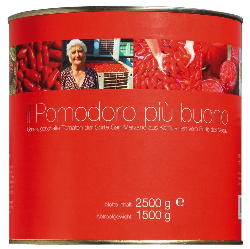 San Marzano, whole, peeled tomatoes of the variety San Marzano due, Il pomodoro piu buono del Vesuvio from Campania / Italy - 2,500g - can