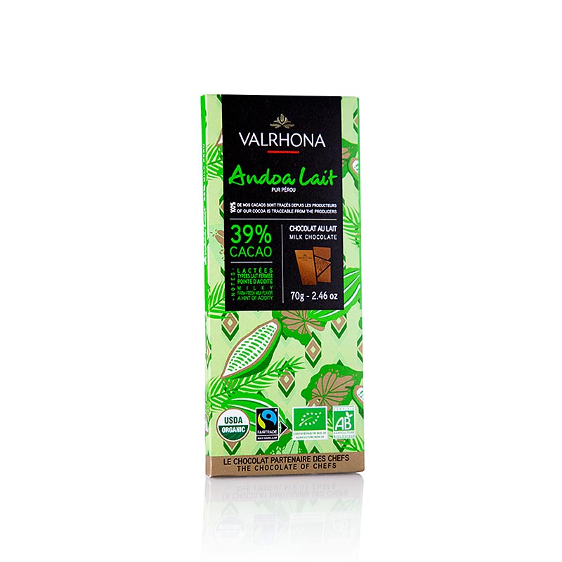 Valrhona Andoa Lactee, mleko pelne Couverture, batonik, 39% kakao, organiczne - 70g - folia