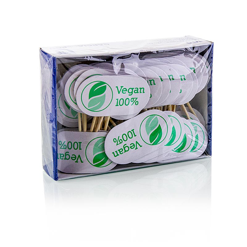 Drveni raznjici sa znakom, sa natpisom Vegan, 8 cm - 100 komada - torba