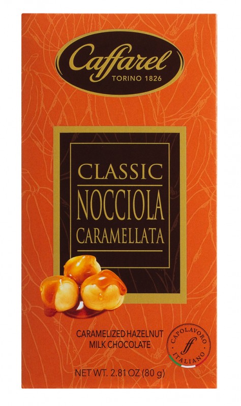 Tavolette al cioccolato nocciola caramellata, szczegolnie, karmelizowane orzechy laskowe w mlecznej czekoladzie, Caffarel - 8x80g - wyswietlacz