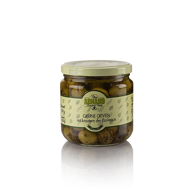 Zelene olive, s koscico, s provansalskimi zelisci, Arnaud - 430 g - Steklo