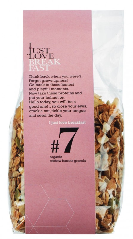 Nr 7 Nerkowiec Banana Granola, organiczne, chrupiace musli z orzechami nerkowca + chipsy bananowe, bio, I Just Love Breakfast - 250 gr - Pakiet