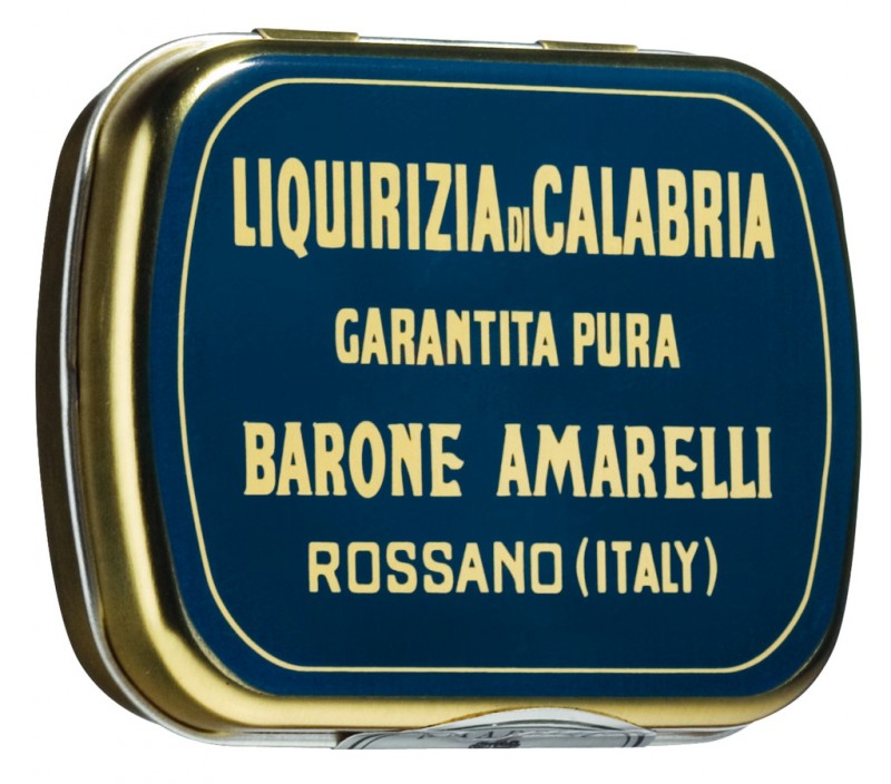 Liquirizia lattina blu, pura in bucati mici, cutie de pastile de lemn dulce Baron Amarelli, Amarelli - 12 x 20 g - afisa