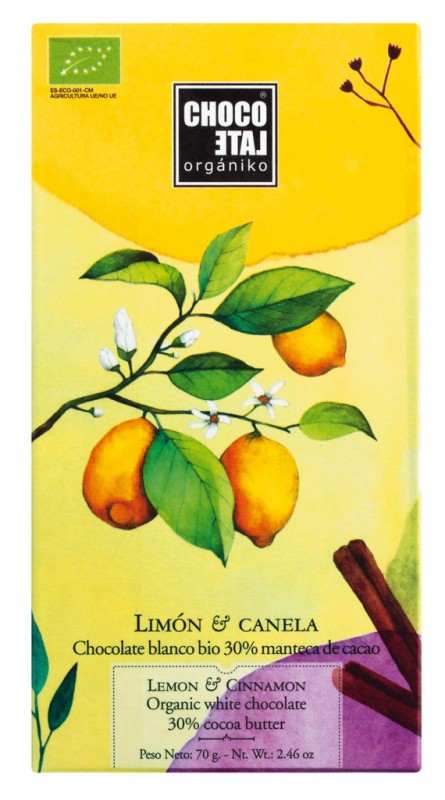 Beyaz Cikolata %40 Kakao Limon+Tarcin Organik, bar, Limonlu ve tarcinli beyaz cikolata, Cikolata Organiko, ORGANIK - 70g - Parca