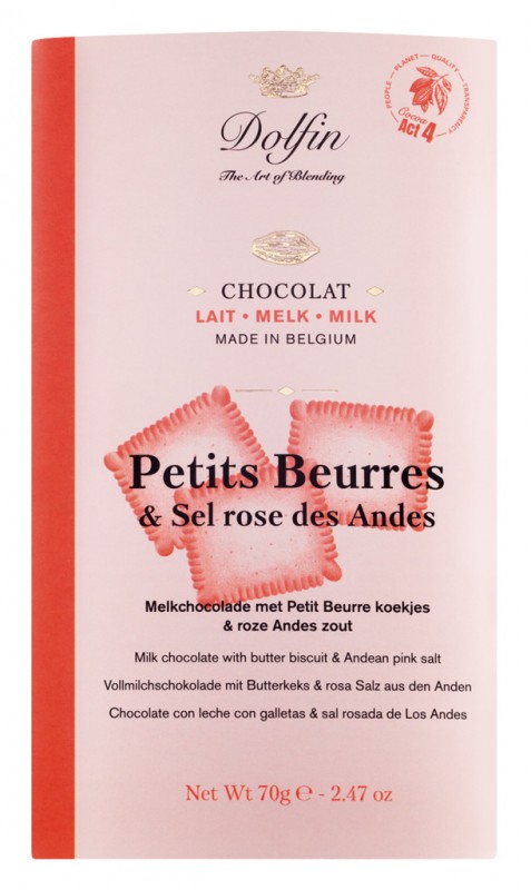 Tabletka, lait Petits Beurres i sel des Andes, mleczna czekolada z kruchym ciastem i rozowa sola, Dolfin - 70g - Sztuka