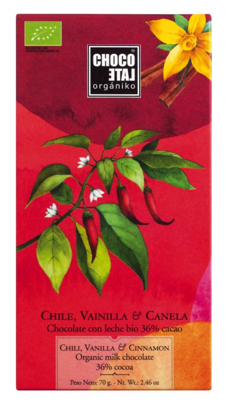 Ciocolata cu lapte 46% Cacao Chilli-Vanilie-Scortisoara, Ciocolata cu lapte intreg 46% Cacao Chilli-Vanilie-Scortisoara, Ciocolata Organica, ORGANICA - 70 g - Bucata