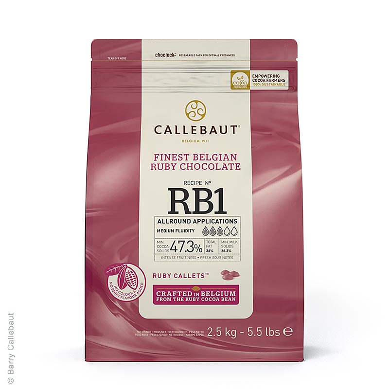 Rubinovo - ruzova cokolada (47,3 %), Callets Couverture, Callebaut RB1 - 2,5 kg - taska