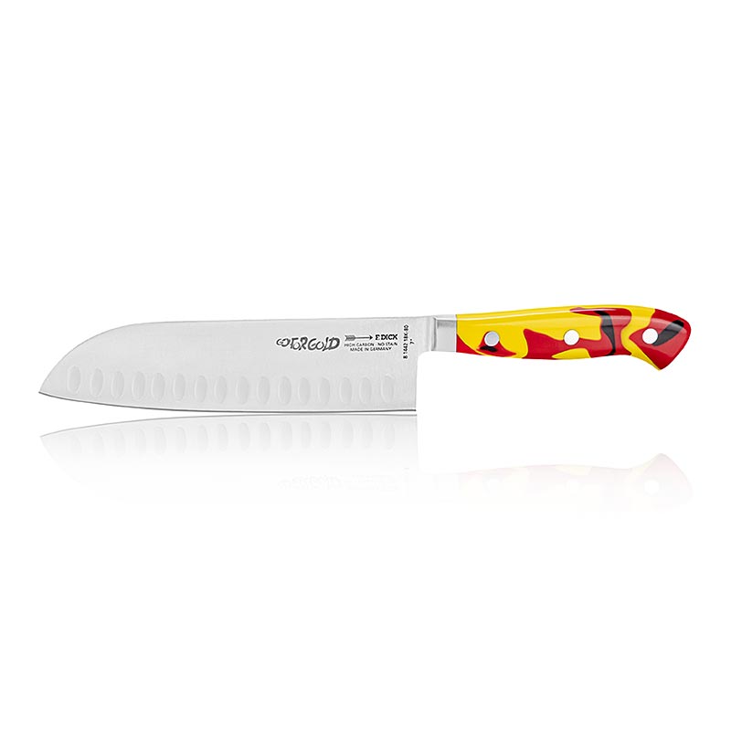 Noz Santoku z serii Premier Plus GO FOR GOLD, zabkowany, 18cm, GRUBY - 1 kawalek - skrzynka Noz Santoku z serii Premier Plus GO FOR GOLD, zabkowany, 18cm, GRUBY - 1 kawalek - skrzynka