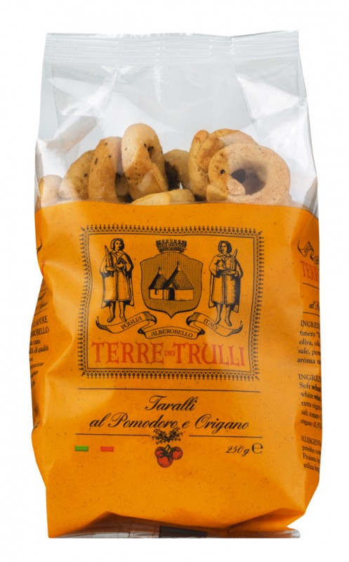 Taralli al Pomodoro e Origano, domatesli ve kekikli lezzetli biskuviler, Terre dei Trulli - 250 gr - canta