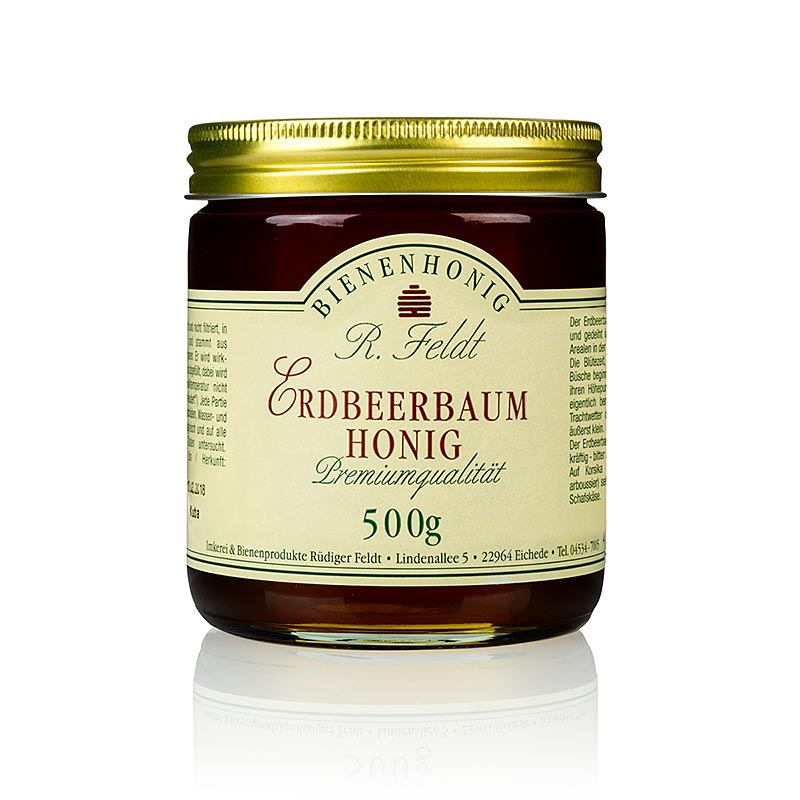 Aardbeienboom Honing, Italië, licht barnsteen, bitterzoet bijenteelt veld - 500 g - glas